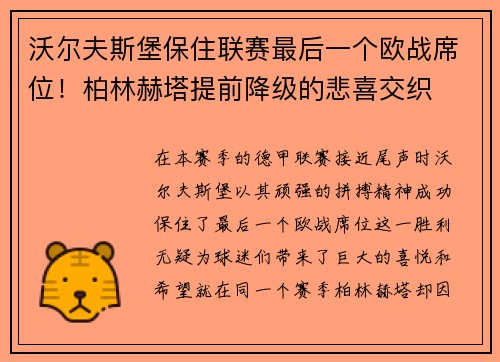 沃尔夫斯堡保住联赛最后一个欧战席位！柏林赫塔提前降级的悲喜交织